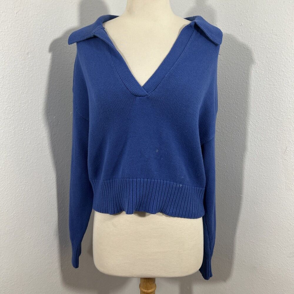 Olivaceous Sweater Women Small Blue Cropped Ribbed‎ Cardigan Academia Y2K